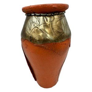 Vtg Ceramic Orange Leather Wrapped Vase w Metal Band Twisted Metal Details 9.5"